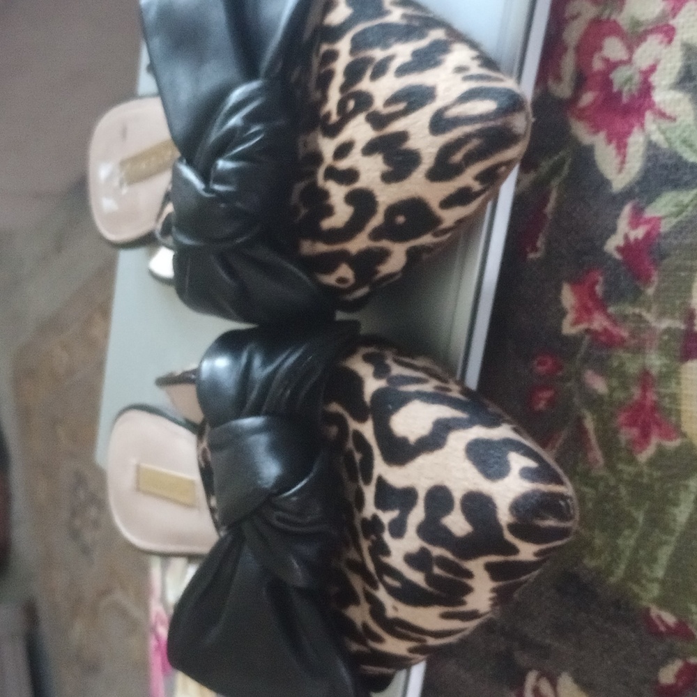 Leopard Print Women's Mules with Black Bow. Genuine Leather And Calf Hair. Excel